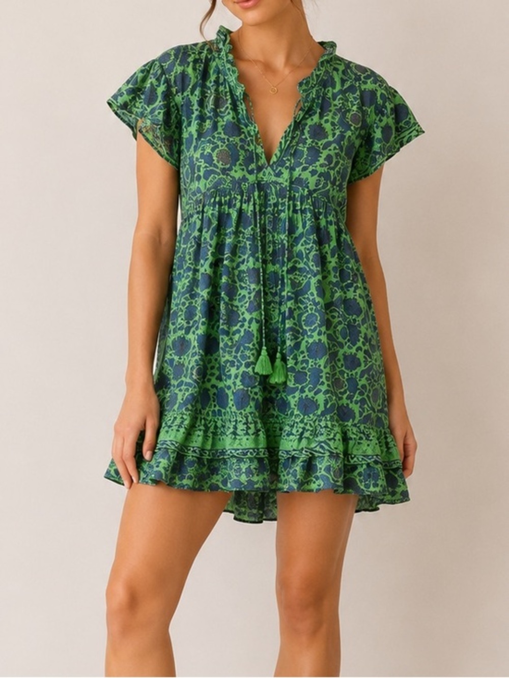 La Plage Green Blue Boho Tassel Tie Ruffle Resort Mini Dress